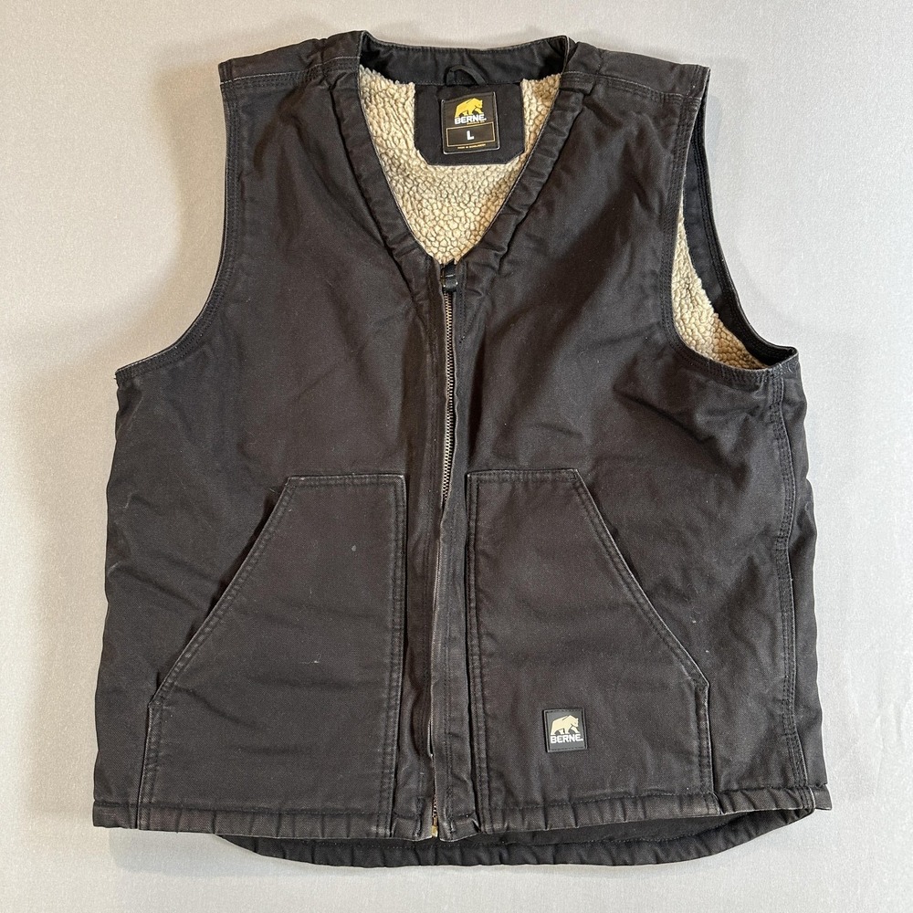 Berne Vest Mens Large Black Canvas Sherpa Lined Full‎ Zip Workwear Outdoor Warm